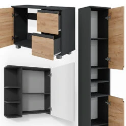 Badmöbel Set "J-Shape" Anthrazit/Eiche 3 Teile, Mit Hochschrank Vicco -Möbel Store m5038 06 ol