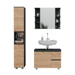 Badmöbel Set "J-Shape" Anthrazit/Eiche 3 Teile, Mit Hochschrank Vicco -Möbel Store m5038 07 ol