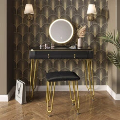 Schminktisch "Grace" Schwarz Hochglanz 100 Cm Mit LED Beleuchtung Und Hocker Vicco -Möbel Store m5175 04 ol