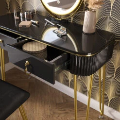 Schminktisch "Grace" Schwarz Hochglanz 100 Cm Mit LED Beleuchtung Und Hocker Vicco -Möbel Store m5175 05 ol