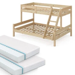 Etagenbett "Everest" Naturholz 140x200 / 90x200 Cm Mit 2 Matratzen Vitalispa