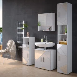 Badmöbel Set "Irma" Weiß Hochglanz Mit Einsätzen 4 Teile, Mit Hochschrank Und Kommode Vicco -Möbel Store m5338 04 ol