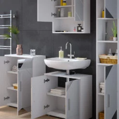 Badmöbel Set "Irma" Weiß Hochglanz Mit Einsätzen 4 Teile, Mit Hochschrank Und Kommode Vicco -Möbel Store m5338 05 ol