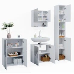 Badmöbel Set "Irma" Weiß Hochglanz Mit Einsätzen 4 Teile, Mit Hochschrank Und Kommode Vicco -Möbel Store m5338 07 ol