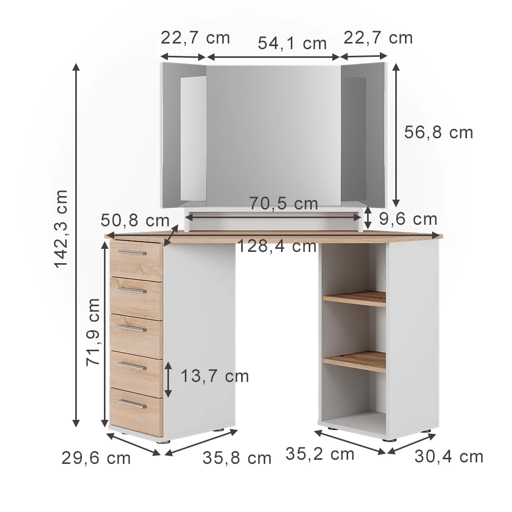 Eckschminktisch "Sofia" Weiß/Sonoma/Sonoma 128.4 Cm Vicco 5 Eckschminktisch "Sofia" Weiß/Sonoma/Sonoma 128.4 Cm Vicco – Bild 3