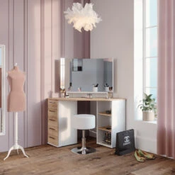 Eckschminktisch "Sofia" Weiß/Sonoma/Sonoma 128.4 Cm Mit Hocker Vicco -Möbel Store m5420 hw 04 ol