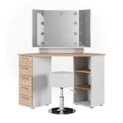 Eckschminktisch "Sofia" Weiß/Sonoma/Sonoma 128.4 Cm Mit LED Beleuchtung Und Hocker Vicco