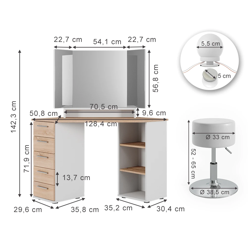 Eckschminktisch "Sofia" Weiß/Sonoma/Sonoma 128.4 Cm Mit LED Beleuchtung Und Hocker Vicco 5 Eckschminktisch "Sofia" Weiß/Sonoma/Sonoma 128.4 Cm Mit LED Beleuchtung Und Hocker Vicco – Bild 3