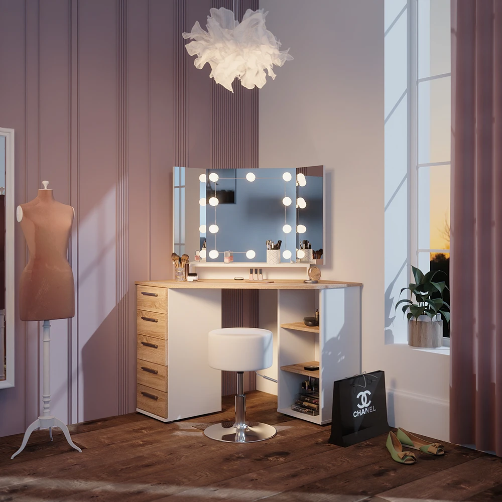 Eckschminktisch "Sofia" Weiß/Sonoma/Sonoma 128.4 Cm Mit LED Beleuchtung Und Hocker Vicco 6 Eckschminktisch "Sofia" Weiß/Sonoma/Sonoma 128.4 Cm Mit LED Beleuchtung Und Hocker Vicco – Bild 4