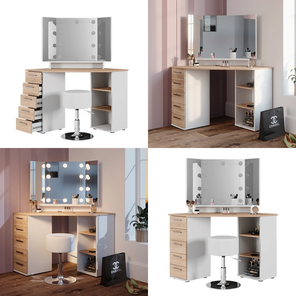 Eckschminktisch "Sofia" Weiß/Sonoma/Sonoma 128.4 Cm Mit LED Beleuchtung Und Hocker Vicco 10 Eckschminktisch "Sofia" Weiß/Sonoma/Sonoma 128.4 Cm Mit LED Beleuchtung Und Hocker Vicco – Bild 8