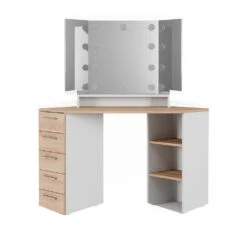 Eckschminktisch "Sofia" Weiß/Sonoma/Sonoma 128.4 Cm Mit LED Beleuchtung Vicco