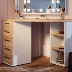 Eckschminktisch "Sofia" Weiß/Sonoma/Sonoma 128.4 Cm Mit LED Beleuchtung Vicco -Möbel Store m5420 l 05 ol