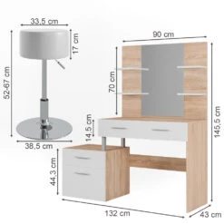 Schminktisch "Maria" Weiß/Sonoma/Sonoma 132 Cm Mit Hocker Vicco -Möbel Store m5422 hw 03 ol