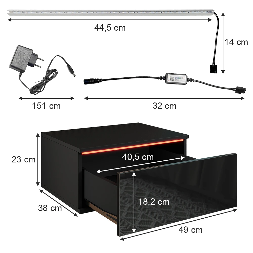 Nachttisch "Samira" Schwarz Hochglanz 49 X 23 Cm Mit LED Beleuchtung Livinity 5 Nachttisch "Samira" Schwarz Hochglanz 49 X 23 Cm Mit LED Beleuchtung Livinity – Bild 3