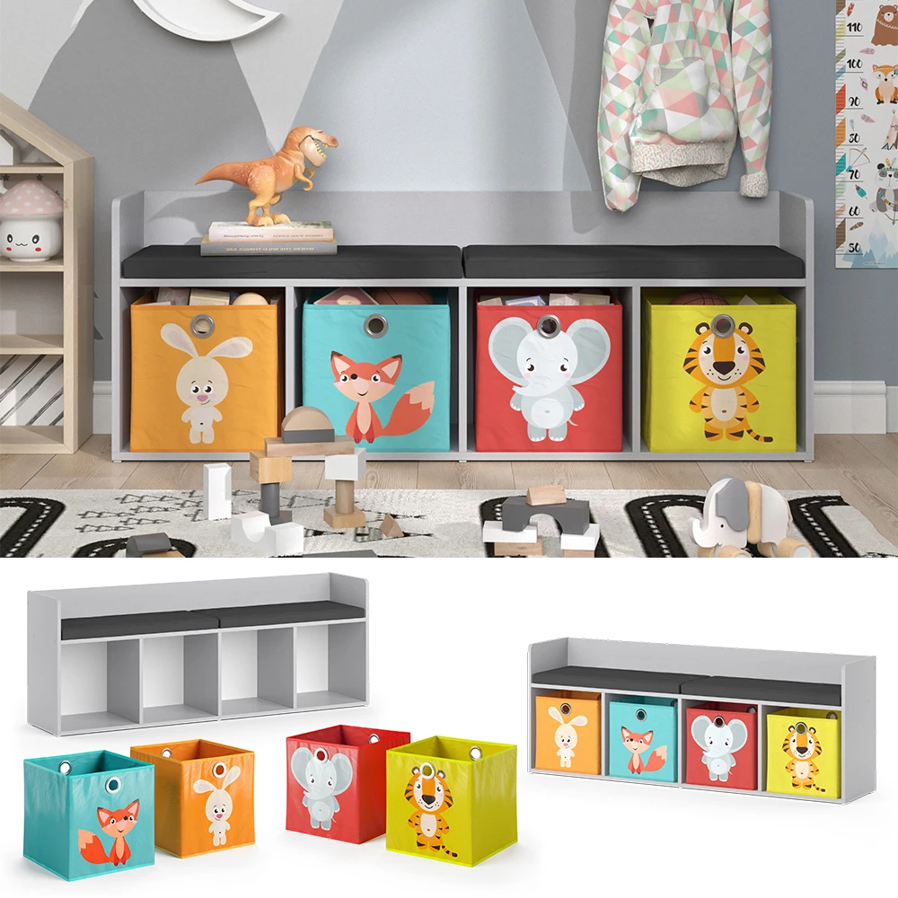 Kinderregal "Luigi" Hellgrau 142.4 X 53.4 Cm 4 Fächer, Mit Faltboxen Bunt Vicco 3 Kinderregal "Luigi" Hellgrau 142.4 X 53.4 Cm 4 Fächer, Mit Faltboxen Bunt Vicco – Bild 2