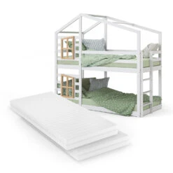 Etagenbett "Maja" Weiß/Naturholz 90x200 Cm Mit 2 Matratzen Vitalispa -Möbel Store m5793 mat 07 ol