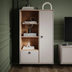 Bücherregal "Tirion" Cashmere-Eiche/Goldkraft Eiche 85.2 X 147.8 Cm Mit Tür, 1 Klappe Und 3 Offenen Fächern Vicco -Möbel Store m5890 04 ol