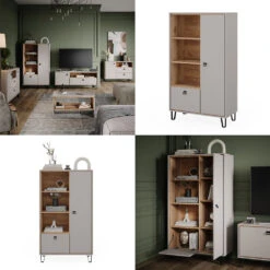 Bücherregal "Tirion" Cashmere-Eiche/Goldkraft Eiche 85.2 X 147.8 Cm Mit Tür, 1 Klappe Und 3 Offenen Fächern Vicco -Möbel Store m5890 08 ol