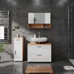 Badmöbel Set "Irma" Eiche/Weiß Hochglanz 3 Teile, Mit Schubladenschrank Und Midischrank Vicco 12 Badmöbel Set "Irma" Eiche/Weiß Hochglanz 3 Teile, Mit Schubladenschrank Und Midischrank Vicco -Möbel Store m5922 04 ol