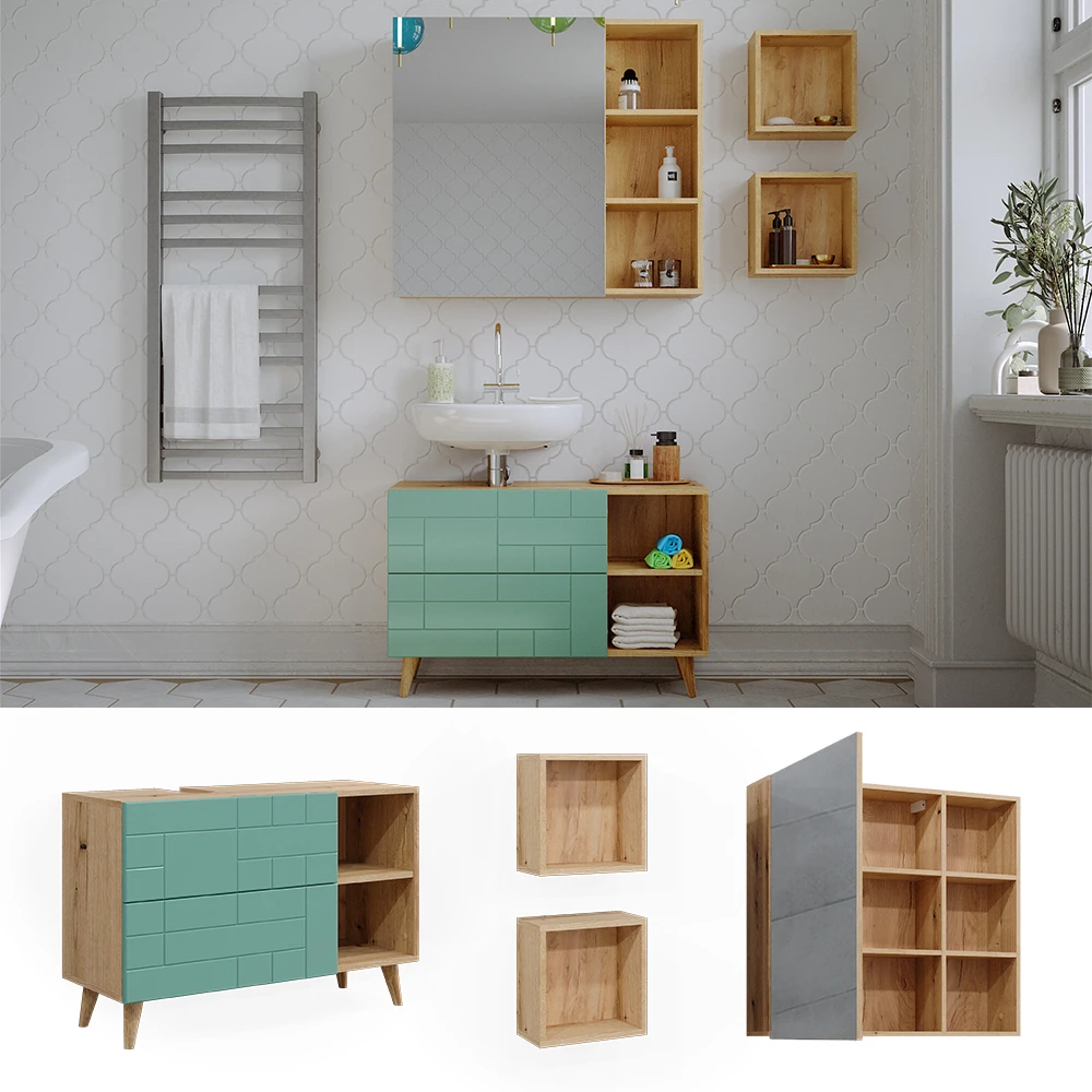 Badmöbelset "Rudi" Eiche/Mint 4er Set Vicco 4 Badmöbelset "Rudi" Eiche/Mint 4er Set Vicco – Bild 2