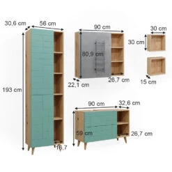 Badmöbel Set "Rudi" Mintgrün/Eiche 5 Teile, Mit Hochschrank Vicco -Möbel Store m5948 03 ol
