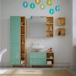 Badmöbel Set "Rudi" Mintgrün/Eiche 5 Teile, Mit Hochschrank Vicco -Möbel Store m5948 04 ol