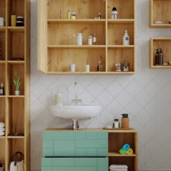 Badmöbel Set "Rudi" Mintgrün/Eiche 5 Teile, Mit Hochschrank Vicco -Möbel Store m5948 05 ol