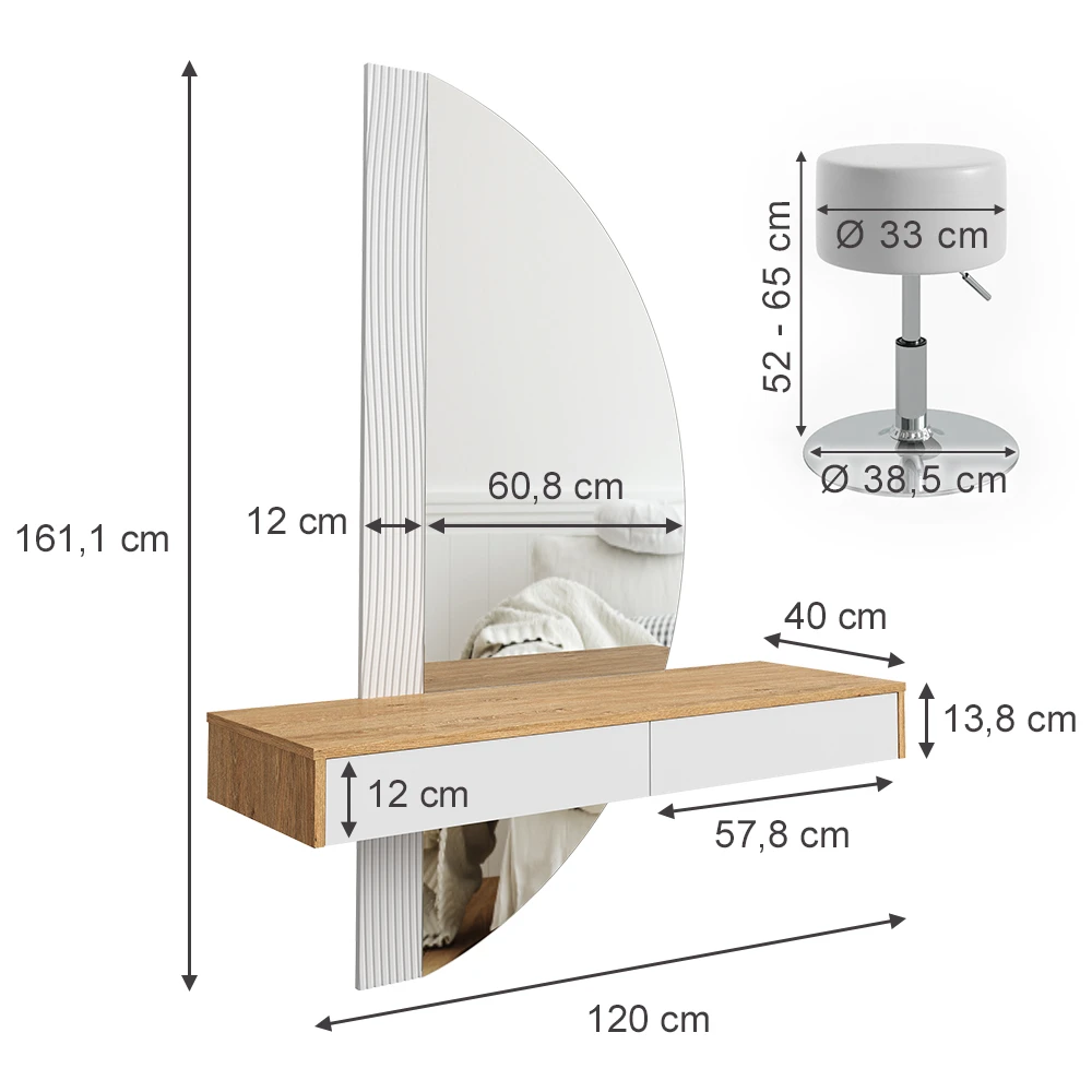 Schminktisch "Melisa" Eiche/Weiß 120 Cm Mit LED Beleuchtung Und Hocker Vicco 5 Schminktisch "Melisa" Eiche/Weiß 120 Cm Mit LED Beleuchtung Und Hocker Vicco – Bild 3