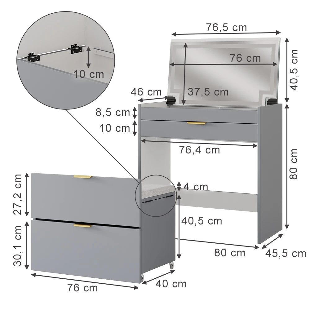 Schminkkommode "Wanja" Grau Mit Bank Und LED-Spiegel Vicco 5 Schminkkommode "Wanja" Grau Mit Bank Und LED-Spiegel Vicco – Bild 3