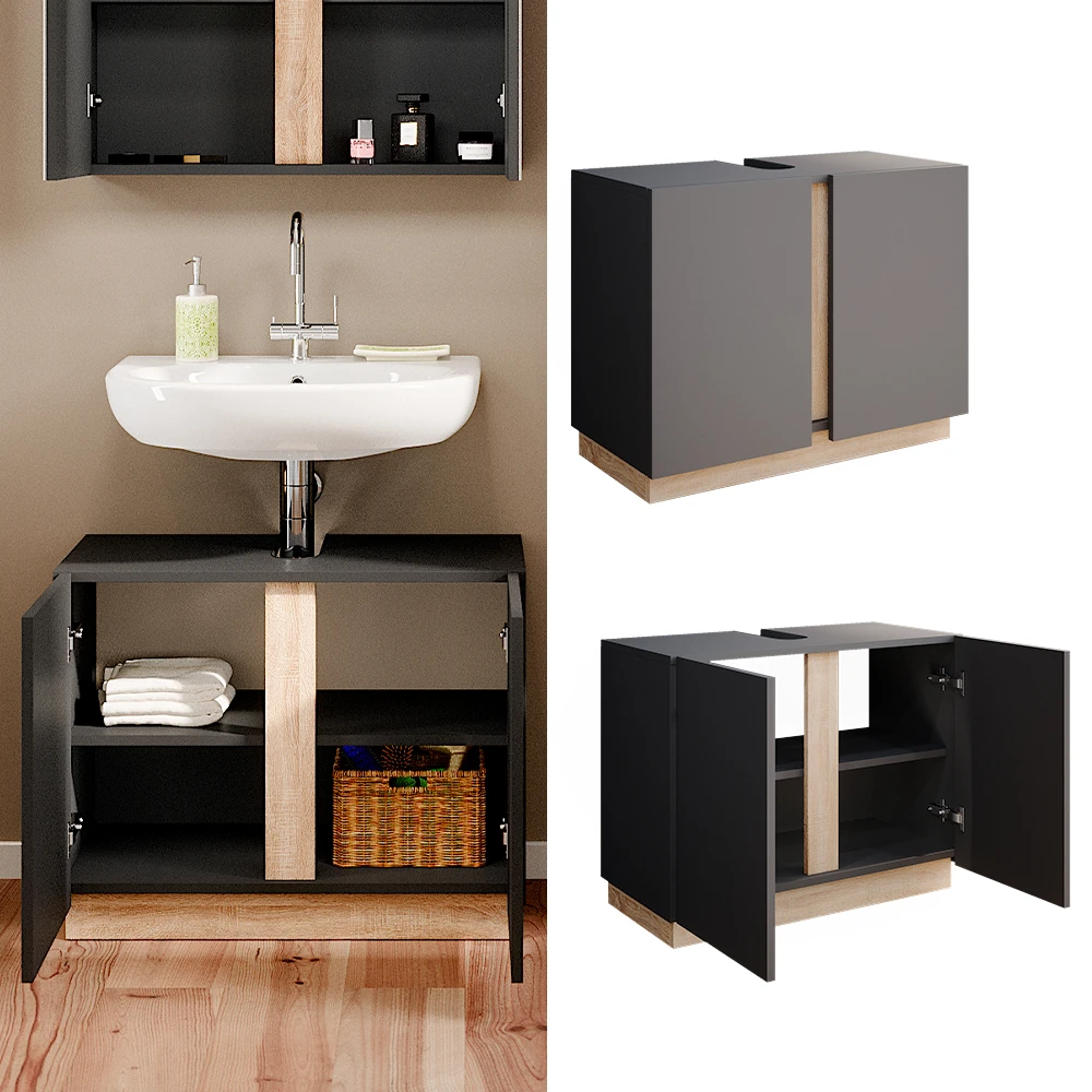 Vicco Waschbeckenunterschrank "Gloria", Anthrazit/Sonoma, 70.4 X 55.5 Cm Mit 2 Türen 4 Vicco Waschbeckenunterschrank "Gloria", Anthrazit/Sonoma, 70.4 X 55.5 Cm Mit 2 Türen – Bild 2