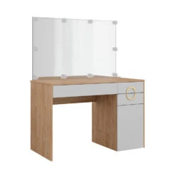 Schminktisch "Adela" Weiß/Natural Rockford Hickory Mit Spiegel & LED Vicco