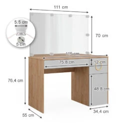 Schminktisch "Adela" Weiß/Natural Rockford Hickory Mit Spiegel & LED Vicco -Möbel Store m6068 s l 03 ol
