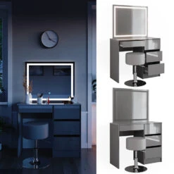 Schminktisch "Sherry" Grau Hochglanz 90 Cm Mit LED Spiegel Und Hocker Vicco 12 Schminktisch "Sherry" Grau Hochglanz 90 Cm Mit LED Spiegel Und Hocker Vicco -Möbel Store m6096 sled hg 02 ol