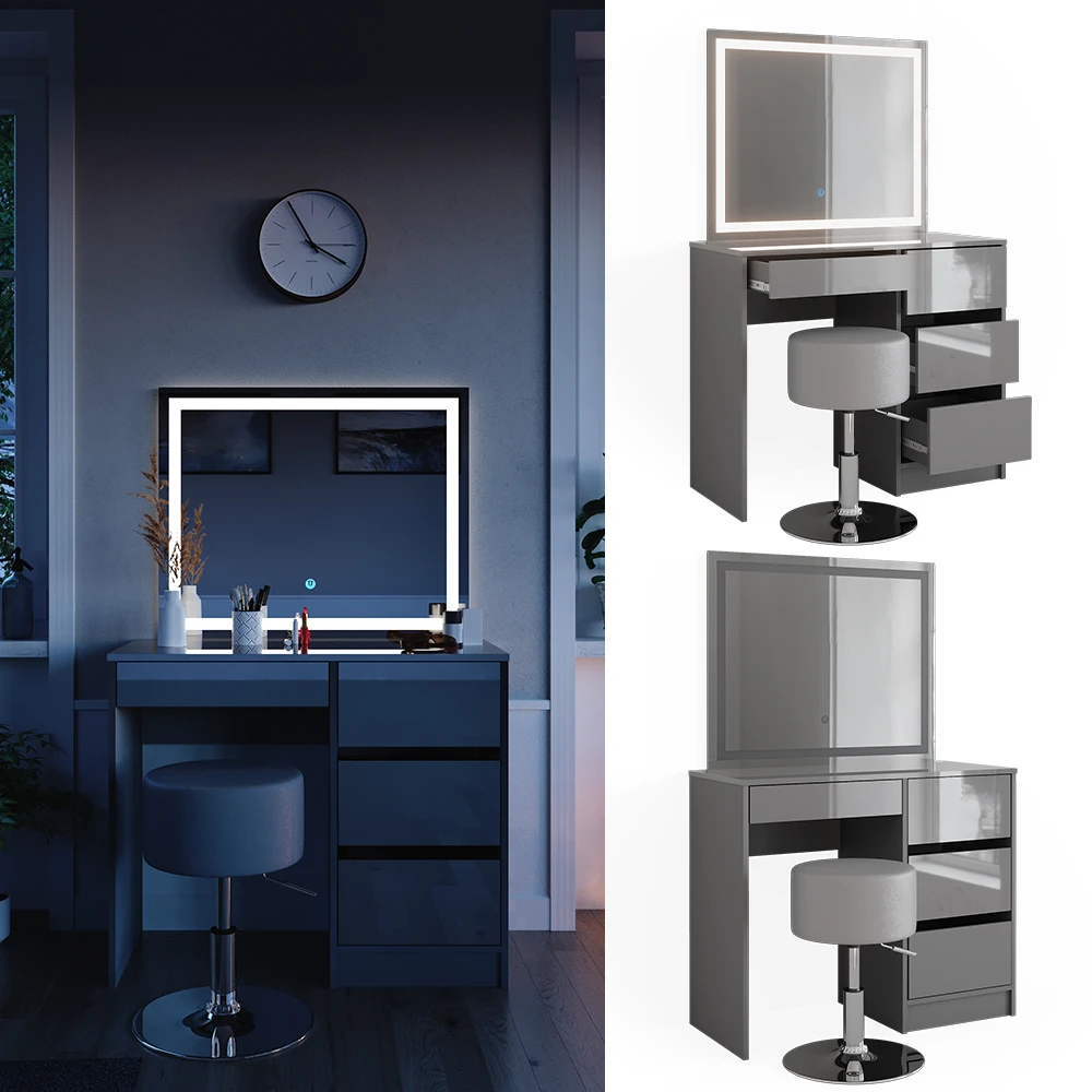 Schminktisch "Sherry" Grau Hochglanz 90 Cm Mit LED Spiegel Und Hocker Vicco 4 Schminktisch "Sherry" Grau Hochglanz 90 Cm Mit LED Spiegel Und Hocker Vicco – Bild 2