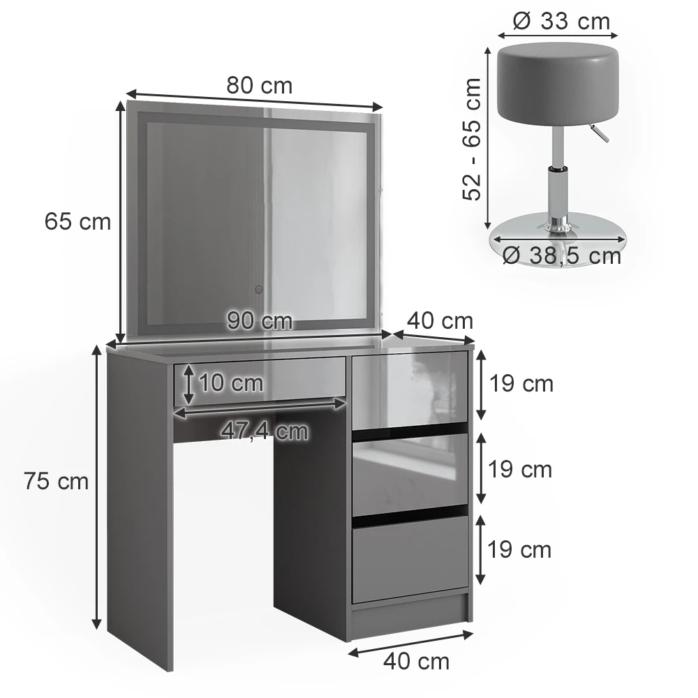 Schminktisch "Sherry" Grau Hochglanz 90 Cm Mit LED Spiegel Und Hocker Vicco 5 Schminktisch "Sherry" Grau Hochglanz 90 Cm Mit LED Spiegel Und Hocker Vicco – Bild 3