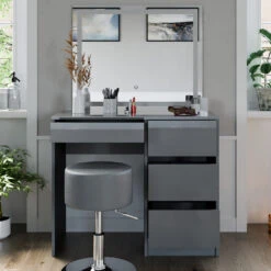 Schminktisch "Sherry" Grau Hochglanz 90 Cm Mit LED Spiegel Und Hocker Vicco 15 Schminktisch "Sherry" Grau Hochglanz 90 Cm Mit LED Spiegel Und Hocker Vicco -Möbel Store m6096 sled hg 05 ol