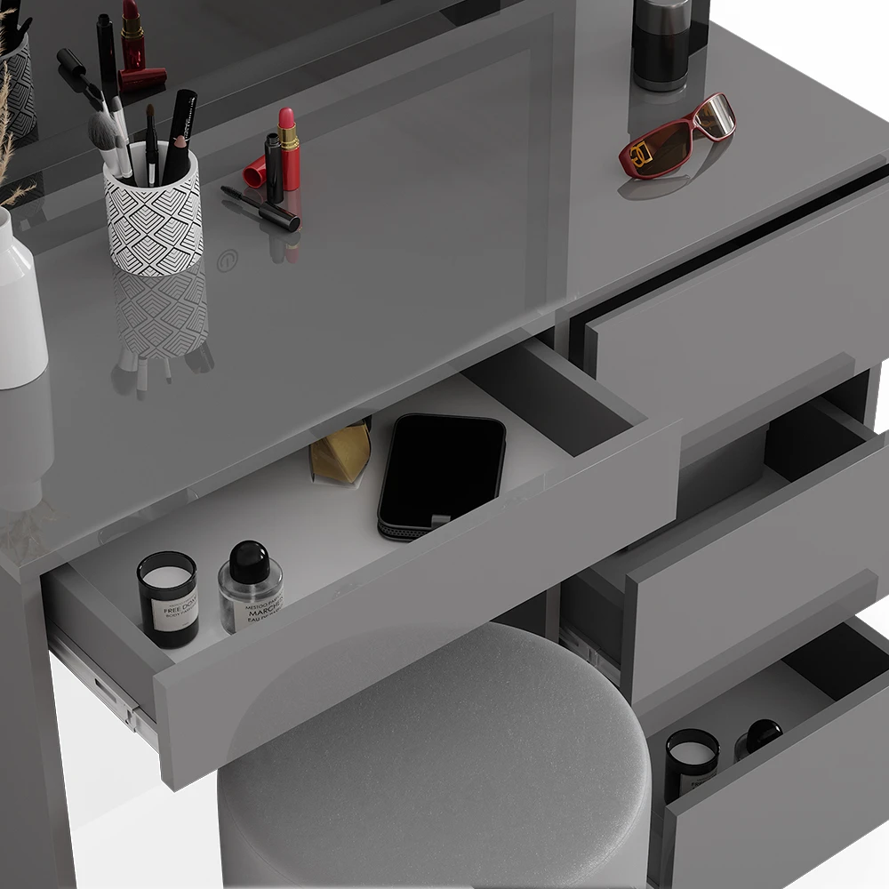 Schminktisch "Sherry" Grau Hochglanz 90 Cm Mit LED Spiegel Und Hocker Vicco 8 Schminktisch "Sherry" Grau Hochglanz 90 Cm Mit LED Spiegel Und Hocker Vicco – Bild 6
