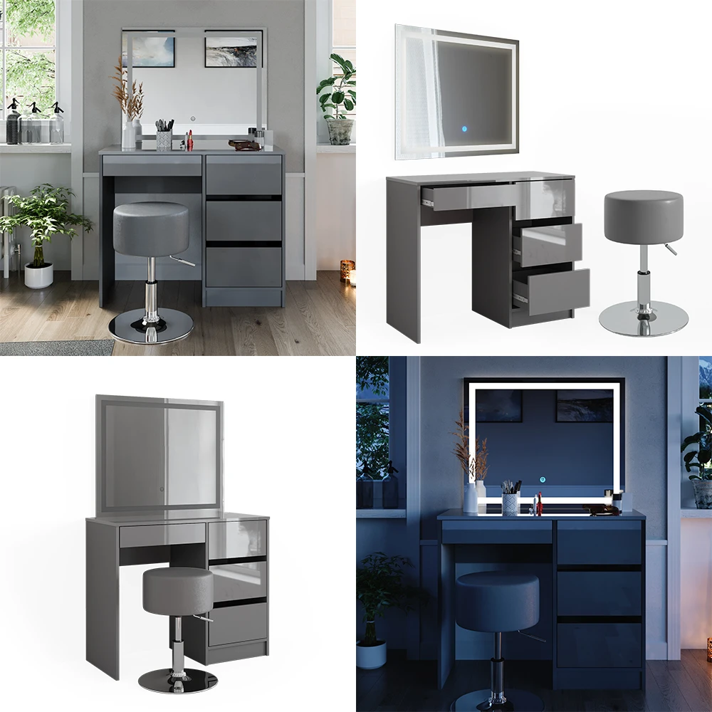Schminktisch "Sherry" Grau Hochglanz 90 Cm Mit LED Spiegel Und Hocker Vicco 10 Schminktisch "Sherry" Grau Hochglanz 90 Cm Mit LED Spiegel Und Hocker Vicco – Bild 8