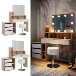 Schminktisch "Anja" Sonoma/Weiß Mit Hocker Und LED-Beleuchtung Vicco -Möbel Store m6201 hw l 02 ol