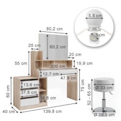 Schminktisch "Anja" Sonoma/Weiß Mit Hocker Und LED-Beleuchtung Vicco -Möbel Store m6201 hw l 03 ol