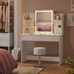 Schminktisch "Charlotte" Weiß Mit LED-Spiegel, Bank Und QI-Ladestation Vicco -Möbel Store m6232 sled qi hw 04 ol