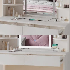 Schminktisch "Charlotte" Weiß Mit LED-Spiegel, Bank Und QI-Ladestation Vicco -Möbel Store m6232 sled qi hw 05 ol