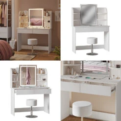 Schminktisch "Charlotte" Weiß Mit LED-Spiegel, Bank Und QI-Ladestation Vicco -Möbel Store m6232 sled qi hw 08 ol