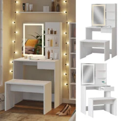 Schminktisch "Dekos" Weiß Mit LED-Spiegel, Bank Und QI-Ladestation Vicco -Möbel Store m6233 bw 02 ol