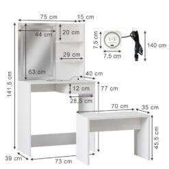 Schminktisch "Dekos" Weiß Mit LED-Spiegel, Bank Und QI-Ladestation Vicco -Möbel Store m6233 bw 03 ol