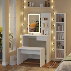 Schminktisch "Dekos" Weiß Mit LED-Spiegel, Bank Und QI-Ladestation Vicco -Möbel Store m6233 bw 04 ol