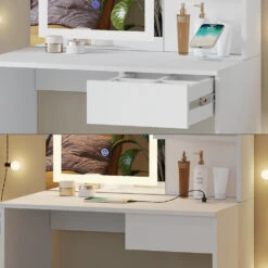 Schminktisch "Dekos" Weiß Mit LED-Spiegel, Bank Und QI-Ladestation Vicco -Möbel Store m6233 bw 05 ol