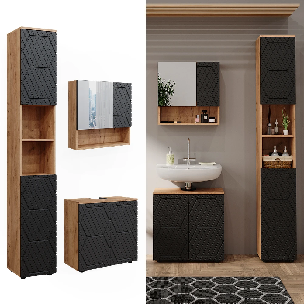 Badmöbelset "Irma" Eiche/Anthrazit 3-teilig Hochschrank Vicco 4 Badmöbelset "Irma" Eiche/Anthrazit 3-teilig Hochschrank Vicco – Bild 2