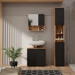 Badmöbelset "Irma" Eiche/Anthrazit 3-teilig Hochschrank Vicco 12 Badmöbelset "Irma" Eiche/Anthrazit 3-teilig Hochschrank Vicco -Möbel Store m6481 04 ol