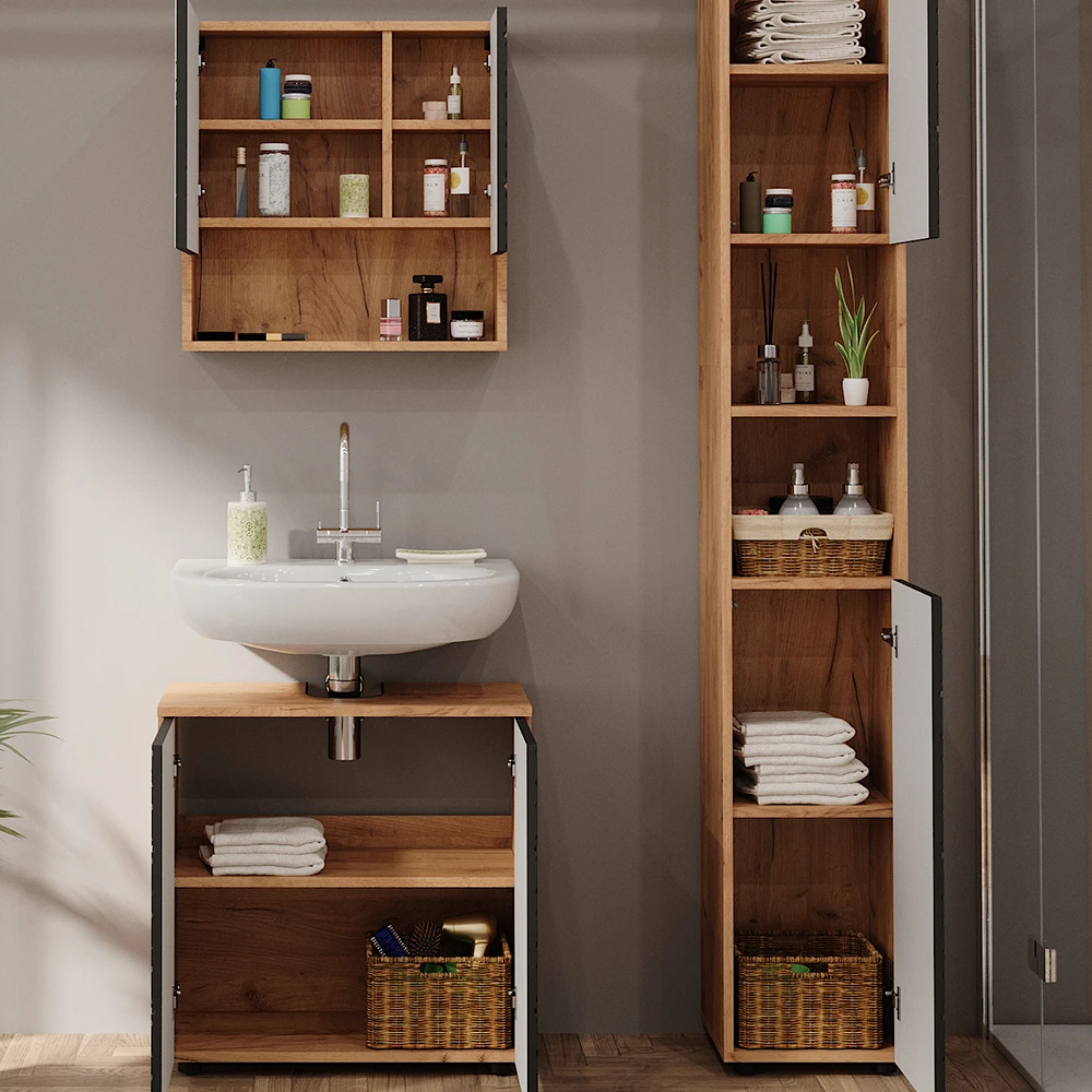 Badmöbelset "Irma" Eiche/Anthrazit 3-teilig Hochschrank Vicco 7 Badmöbelset "Irma" Eiche/Anthrazit 3-teilig Hochschrank Vicco – Bild 5